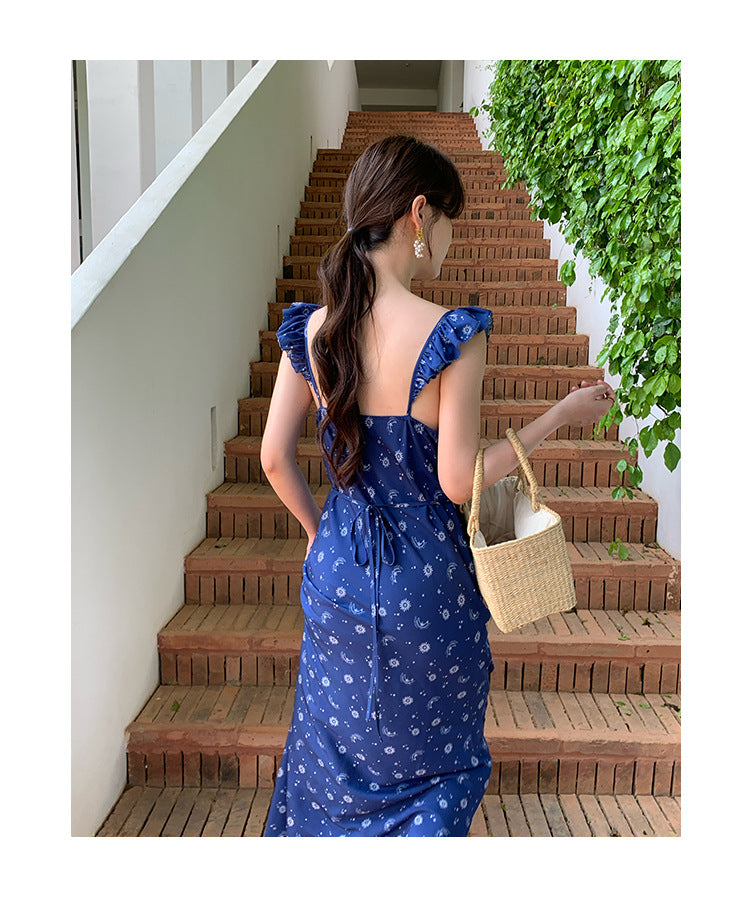 Floral vacation wind v-neck waist halter suspender skirt
