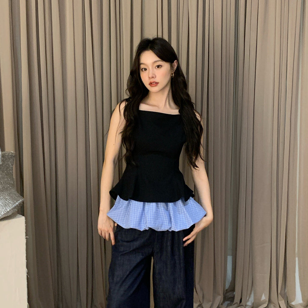 Sweet age reduction can be worn outside contrasting color splicing vest suspender top