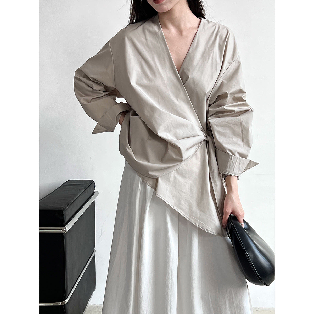 Autumn Korean irregular waist strap shirt women's casual niche design one-piece top