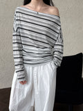 Light and thin sunscreen long-sleeved T-shirt for women~ Korean summer waist and thin one-word collar slanted shoulder striped top