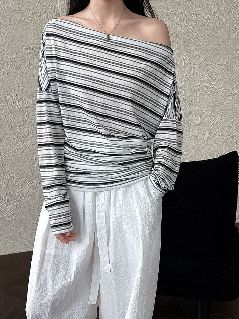 Light and thin sunscreen long-sleeved T-shirt for women~ Korean summer waist and thin one-word collar slanted shoulder striped top