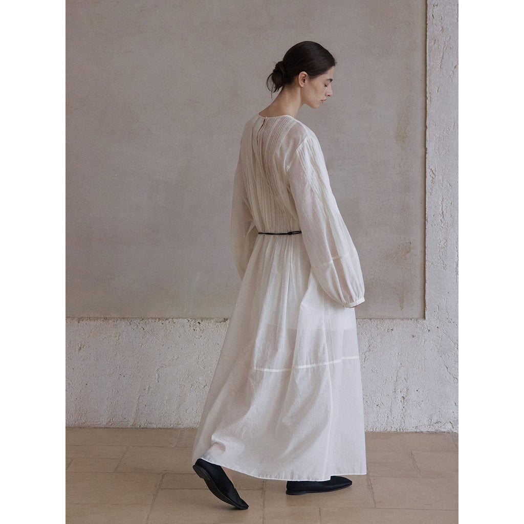 Autumn new round neck perspective see-through cable rear mid-split slightly shoulder-drop dress