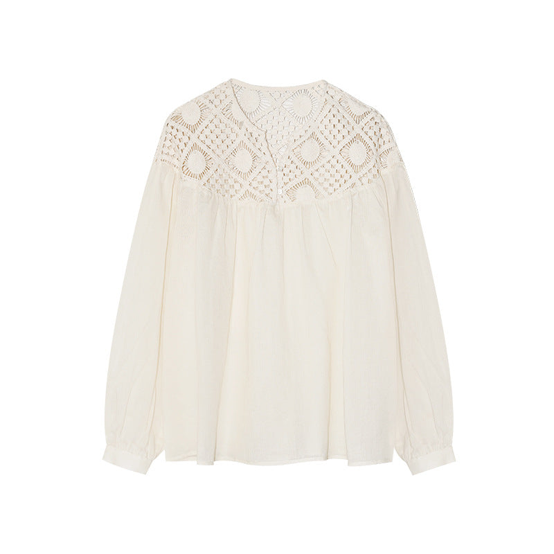 Early Spring French Temperament Ramie Tencel Long Sleeve Hollow Small V-Neck Shirt