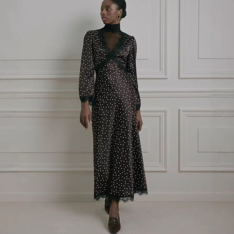 Spring Lace Polka Dot Print Dress Halter Sexy Spice Girl Long Sleeve Dress