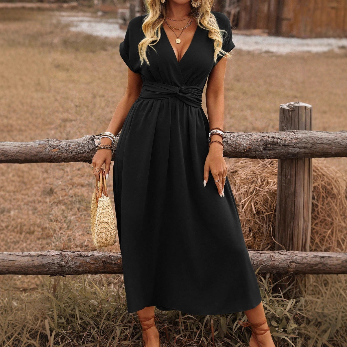Women's Summer Solid Color Waist V-Neck Bat Sleeve Waist Folds Long Elegant Dress