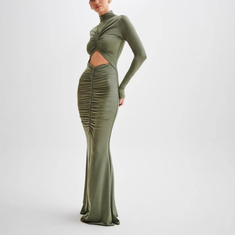 Pleated Slim Crew Neck Dress