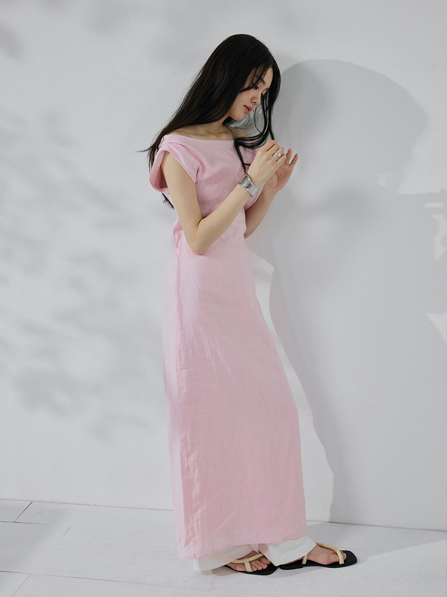 100% linen one-word shoulder dress elegant and thin summer dress