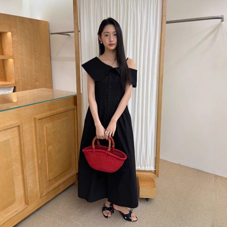 Temperament Single-breasted slanted neck ruffle edge off-the-shoulder dress