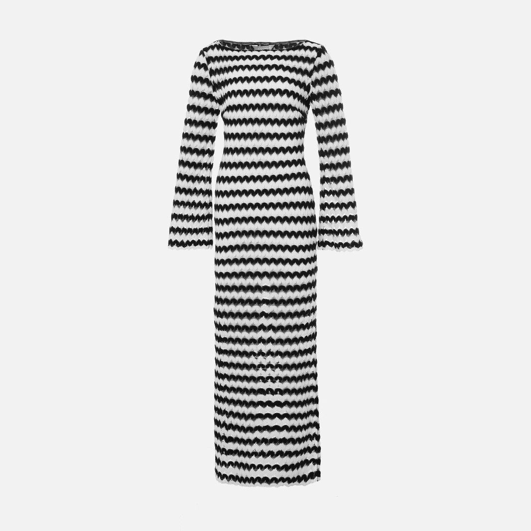 One-word neck split skirt slim-fitting wind striped long-sleeved knitted dress