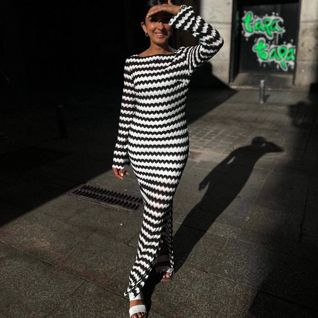 One-word neck split skirt slim-fitting wind striped long-sleeved knitted dress