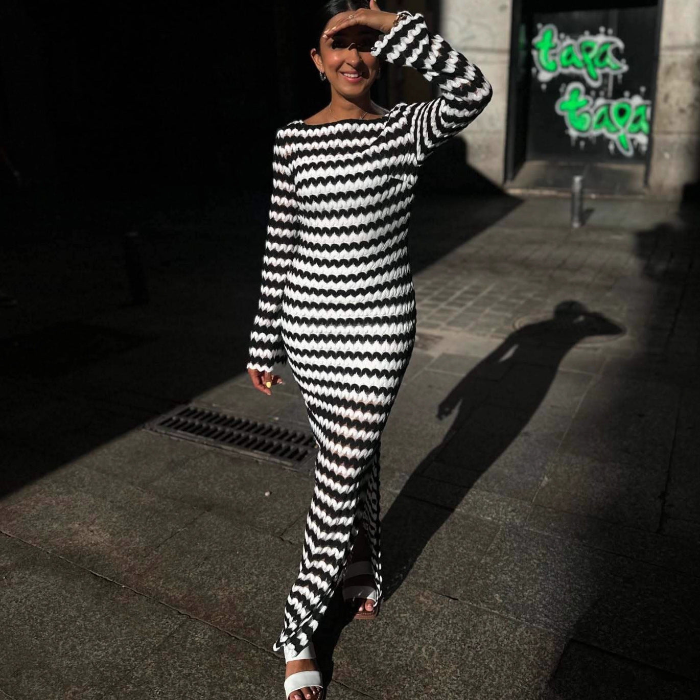 One-word neck split skirt slim-fitting wind striped long-sleeved knitted dress