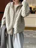 Korean style retro polka dot lambswool stand collar top - warm women's winter new double zipper jacket