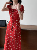 French coffee break bubble sleeve floral dress summer waist thin neckline drawstring long dress