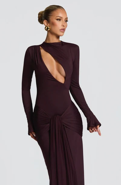 Sexy Spice Girl Hollow Long Sleeve Hip Wrap Dress Ribbon Autumn and Winter Dress