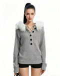 Spice Girl Removable Fur Collar Henry Collar Sweater Women's Autumn Skinny Waist Hooded Knitted Sweater Top