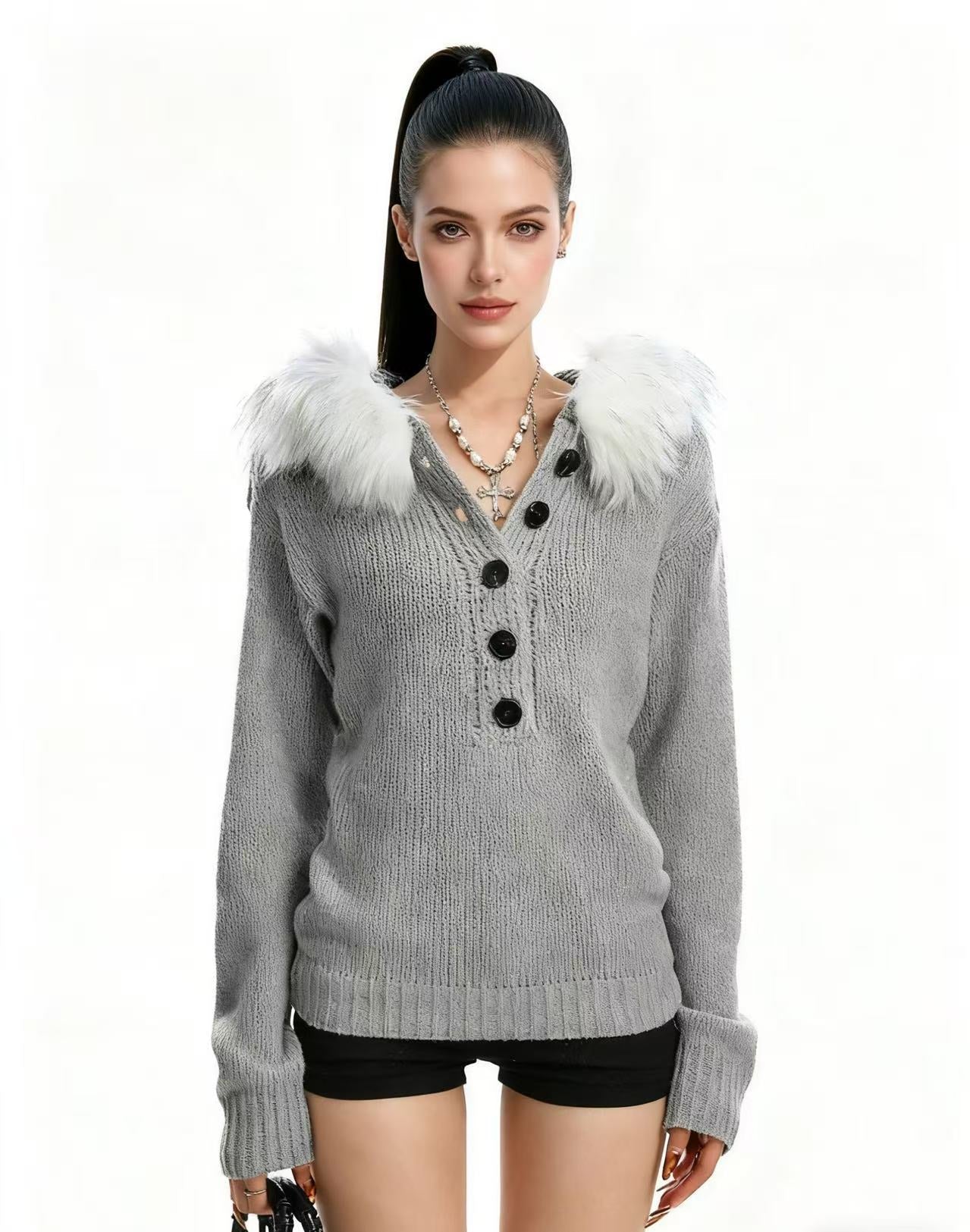 Spice Girl Removable Fur Collar Henry Collar Sweater Women's Autumn Skinny Waist Hooded Knitted Sweater Top