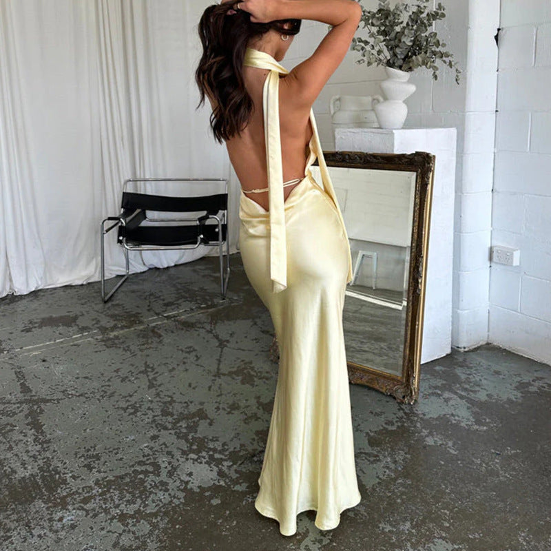 ins style sexy neck dress big halter solid color Spice girl fashion dress