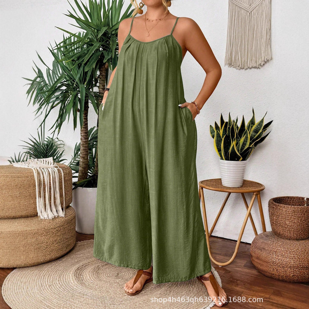 New large size solid color pocket temperament casual suspender wide leg jumpsuit