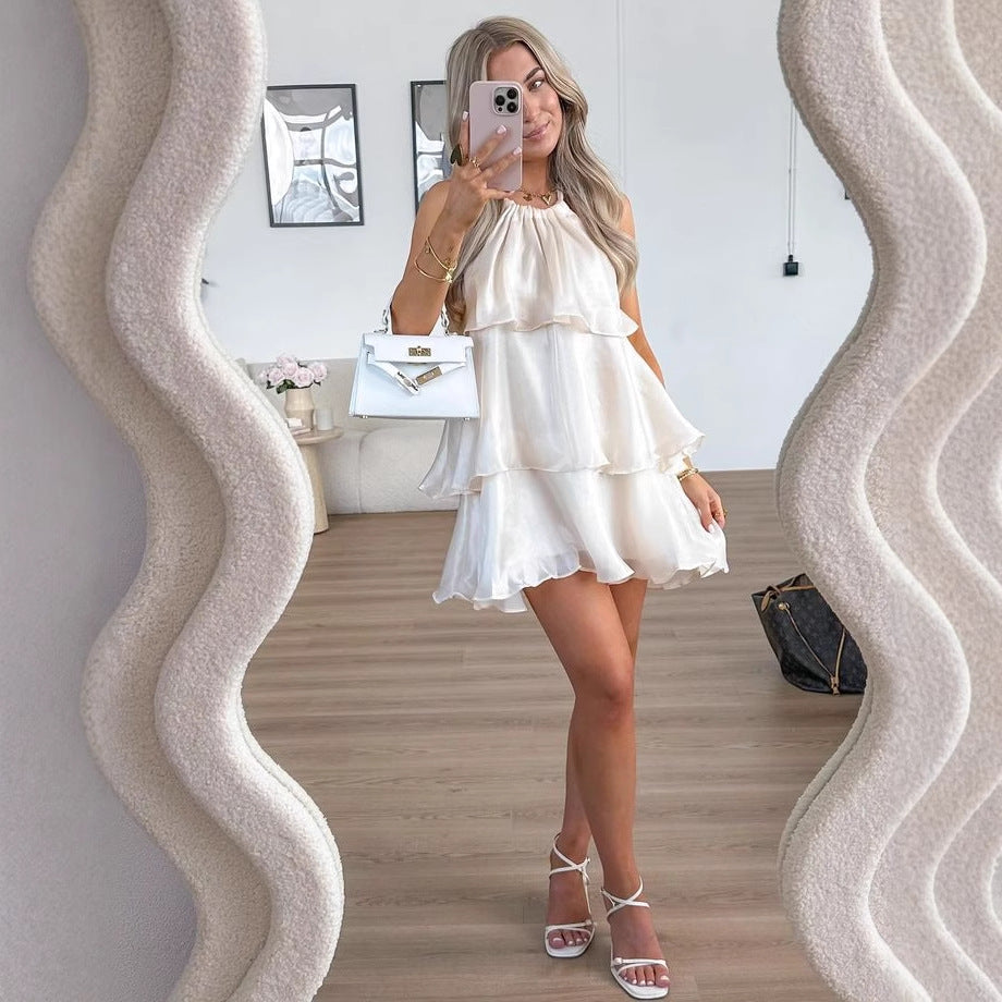 Women's new ruffle leaf edge cake dress sexy fashion satin vacation dress women