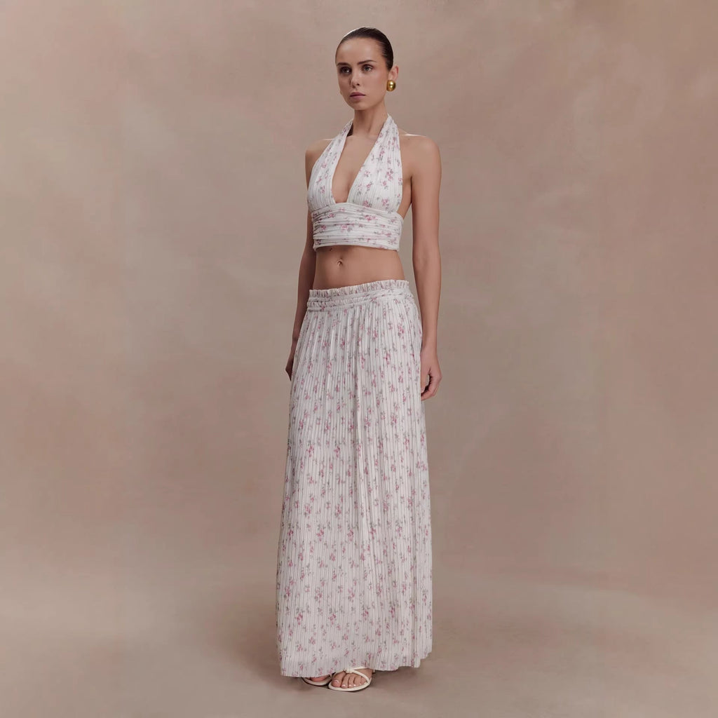 Sexy printed skirt set pleated deep V neck top skirt two-piece set