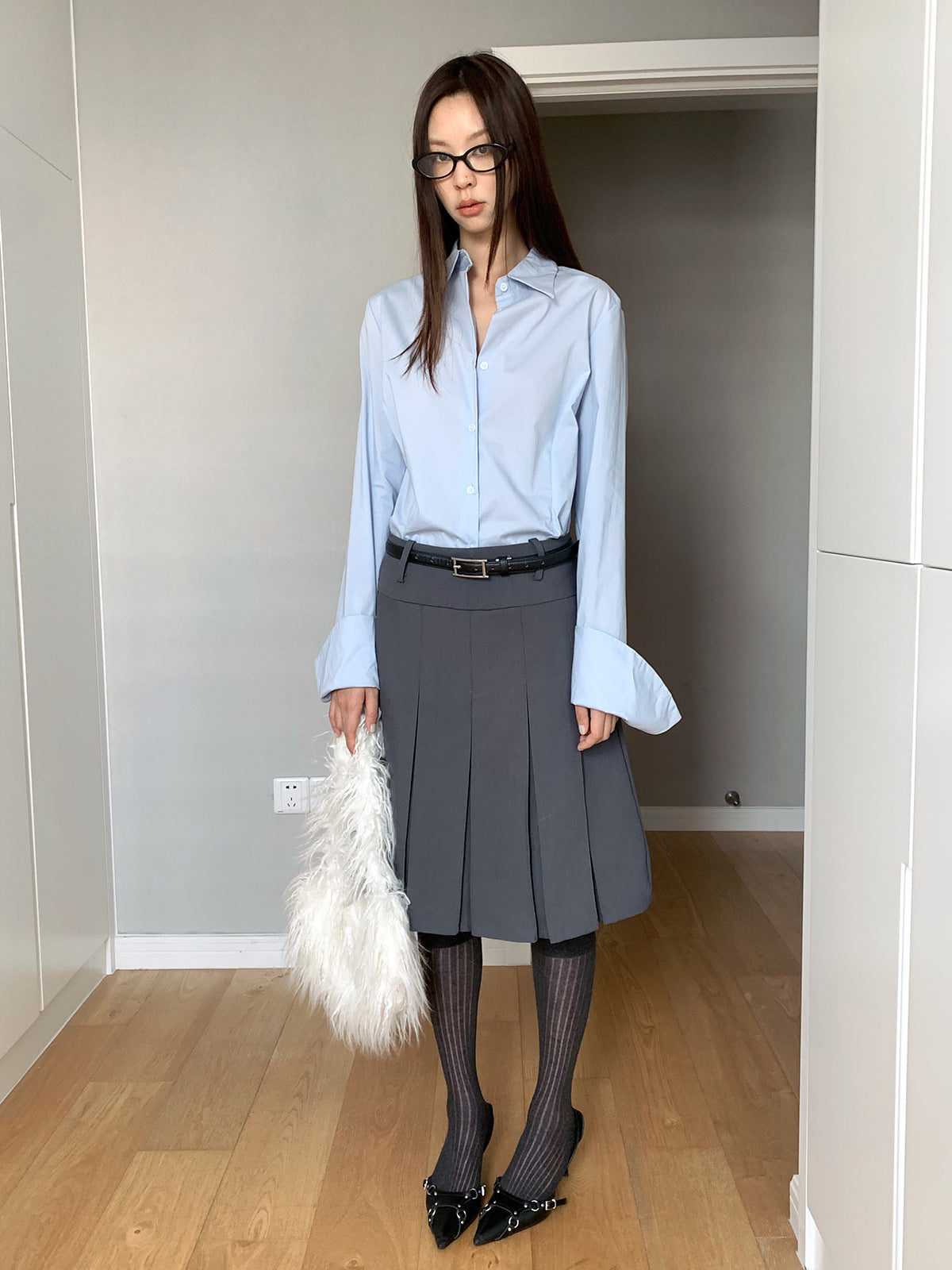 Polo Collar Long Sleeve Shirt Women Single-Breasted Button-Up Waist Fit