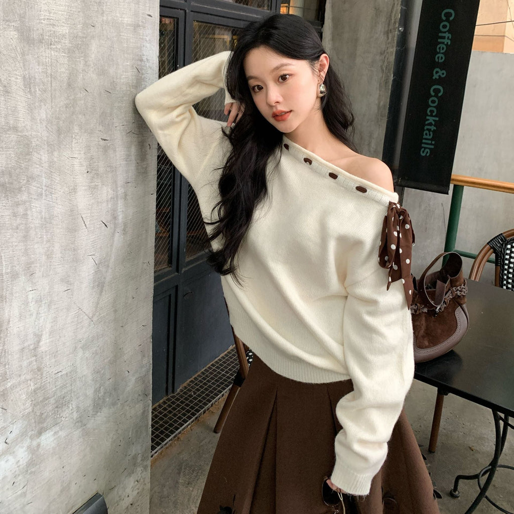 Autumn and winter French atmosphere leopard print strap design diagonal neck off-the-shoulder sweater women