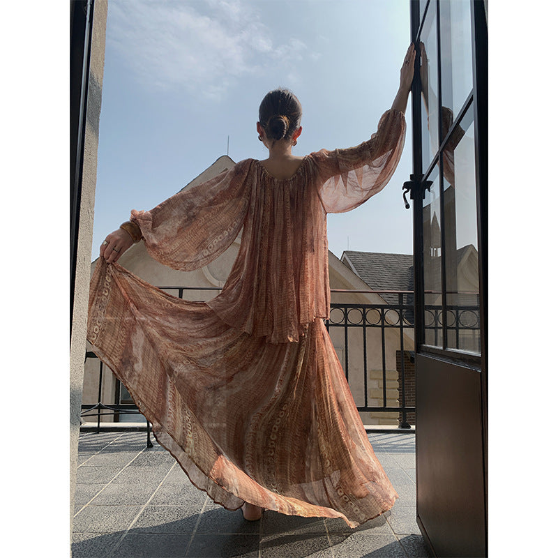 Spring retro vacation style beautiful silk printed shoulder chiffon shirt