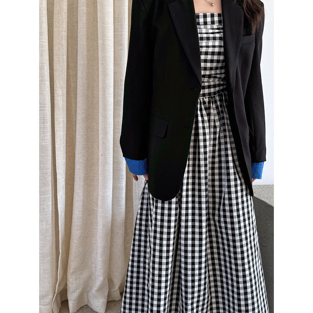 French high-end plaid tube top suspender dress women's spring off-the-shoulder pleated waist a-word long dress