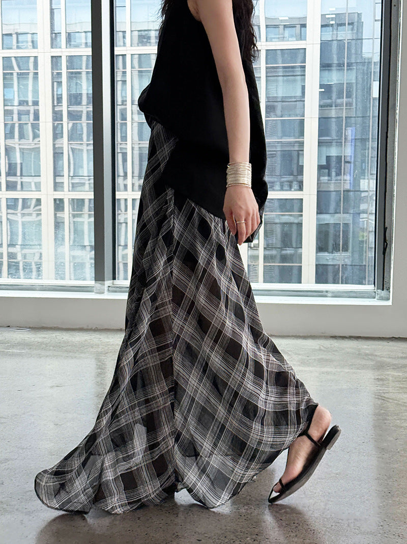 Korean simple plaid A-word skirt women's summer new tulle drape irregular skirt