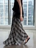 Korean simple plaid A-word skirt women's summer new tulle drape irregular skirt