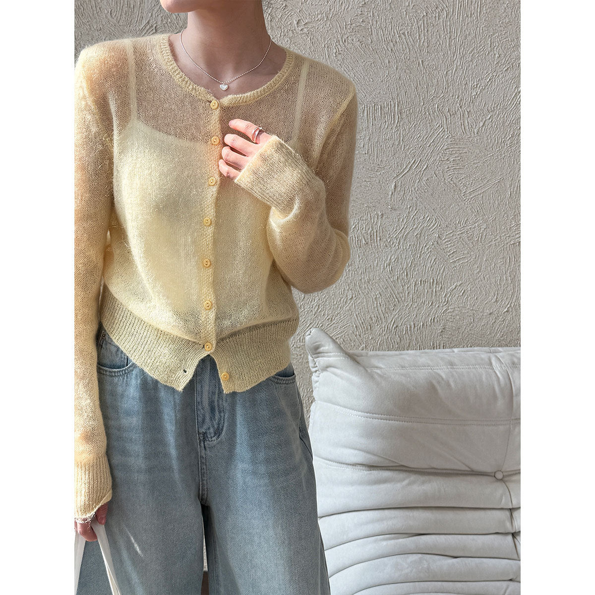 Early spring new mohair knitted cardigan women's thin slightly transparent gentle soft waxy outer coat