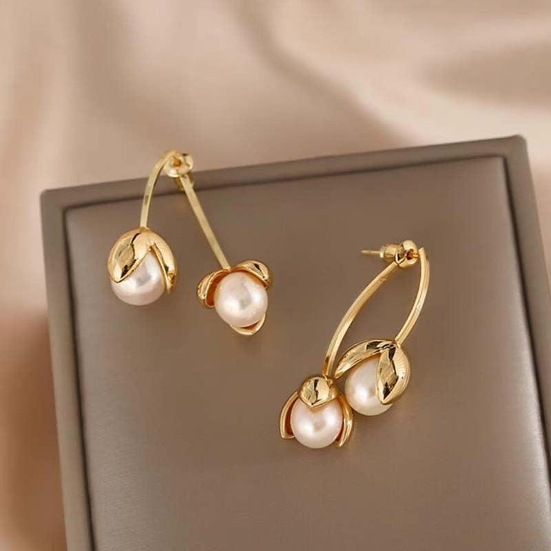 Simple French pearl flower cross earrings niche design stamen temperament stud earrings