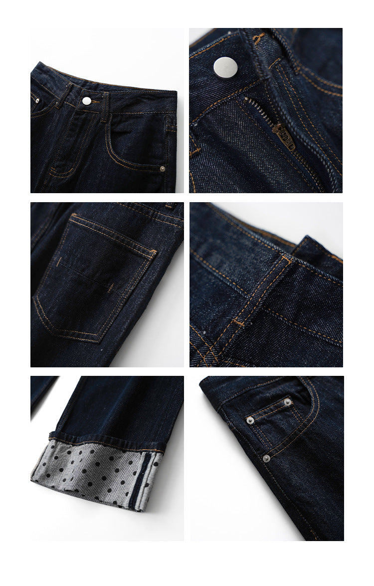 Versatile polyester cotton straight jeans women's curled design trousers