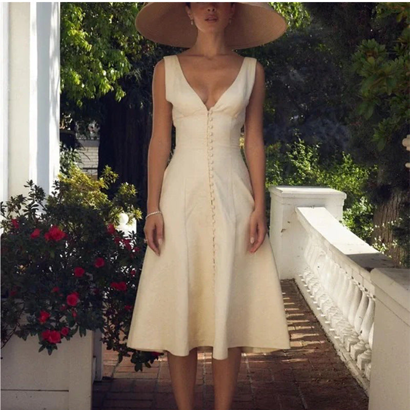 Fashion sexy V-neck medium and long dress waist slim temperament elegant dress Spice girl