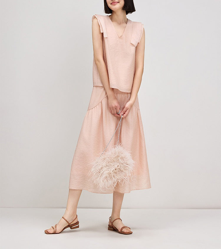 Pink fly-sleeved shirt women's V-neck shirt skirt set, new pink peach age-reducing two-piece set