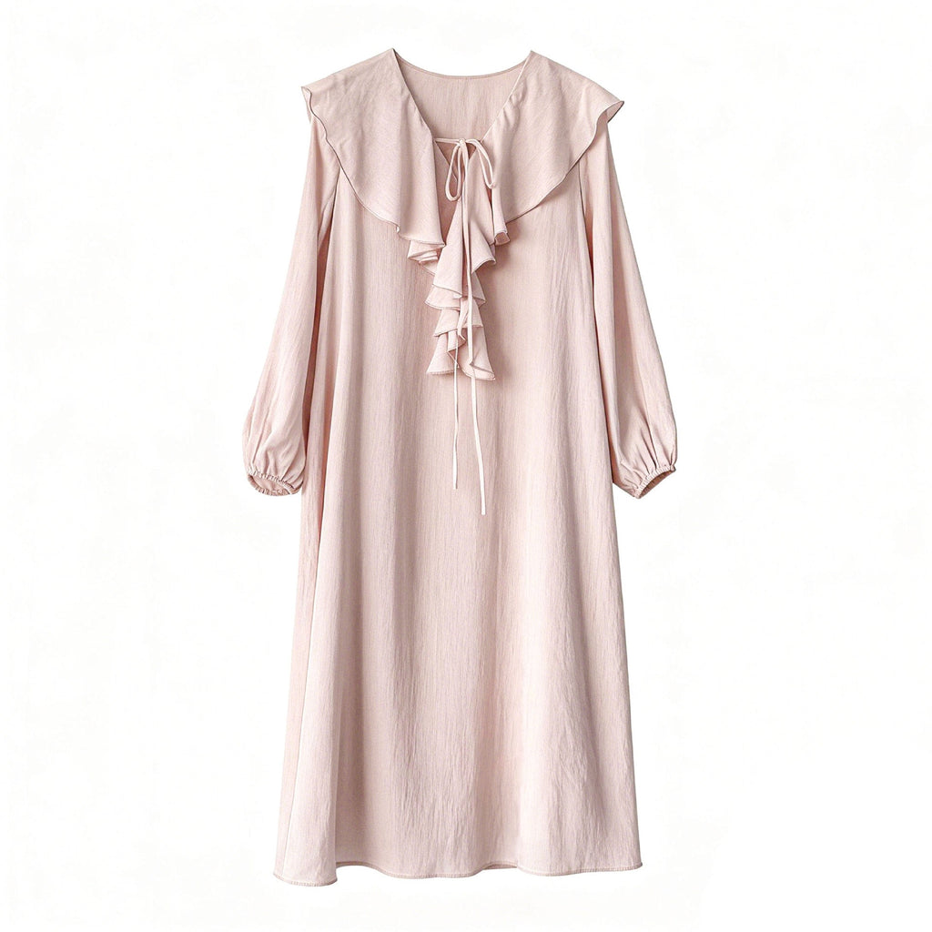 French simple ruffle V-neck dress spring new bubble sleeves lazy long skirt
