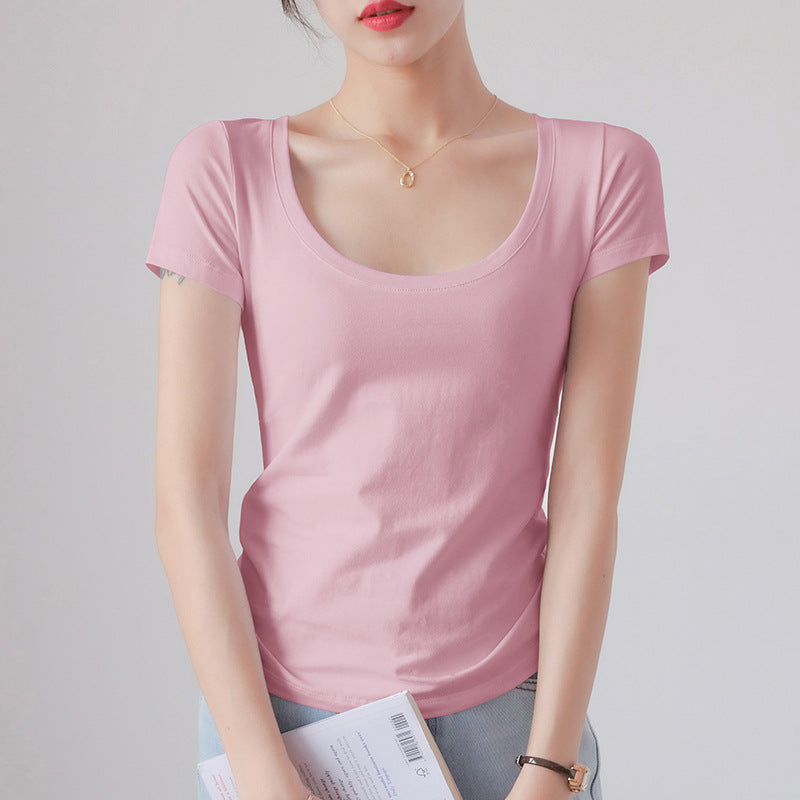 Round Neck Short Sleeve T-Shirt Women Slim Fit Cotton Base Layer Top