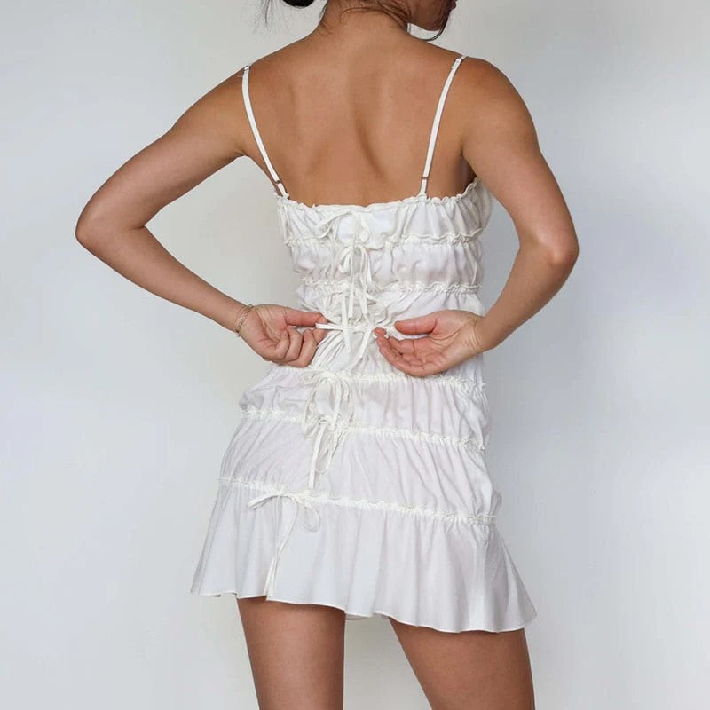 Fashion Vacation Style Splicing Lace Suspender Short Skirt Folds Sexy Dress