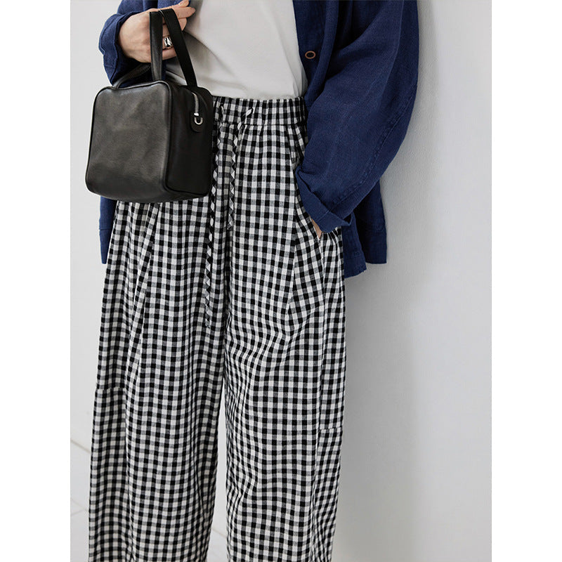 Hip covering thin scimitar balloon pants elastic casual pants contrasting plaid pants