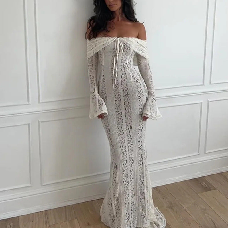 New sexy one-word shoulder lace dress temperament tube top long dress slim fishtail dress