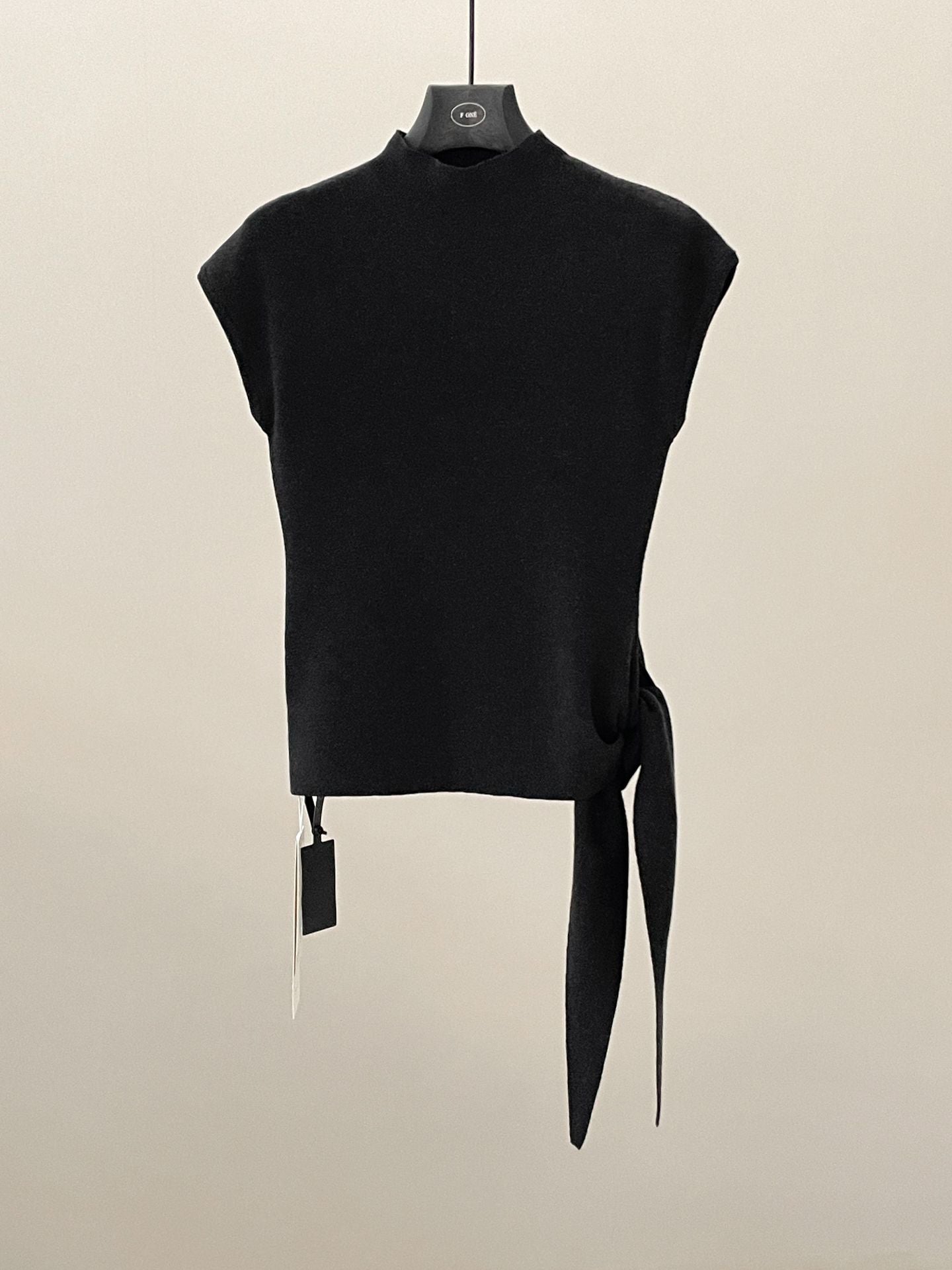 Spring minimalist style tie-up tie stand-up collar solid color knitted short-sleeved T-shirt 59027