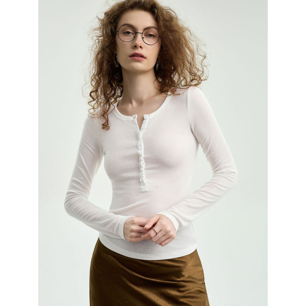 Henley Collar Tencel Wool T-Shirt Women Long Sleeve Slim Fit Knitted Top