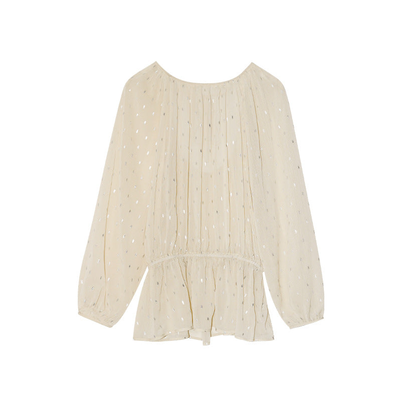 Early French fashion age-reducing temperament long-sleeved waist backless chiffon shirt for women