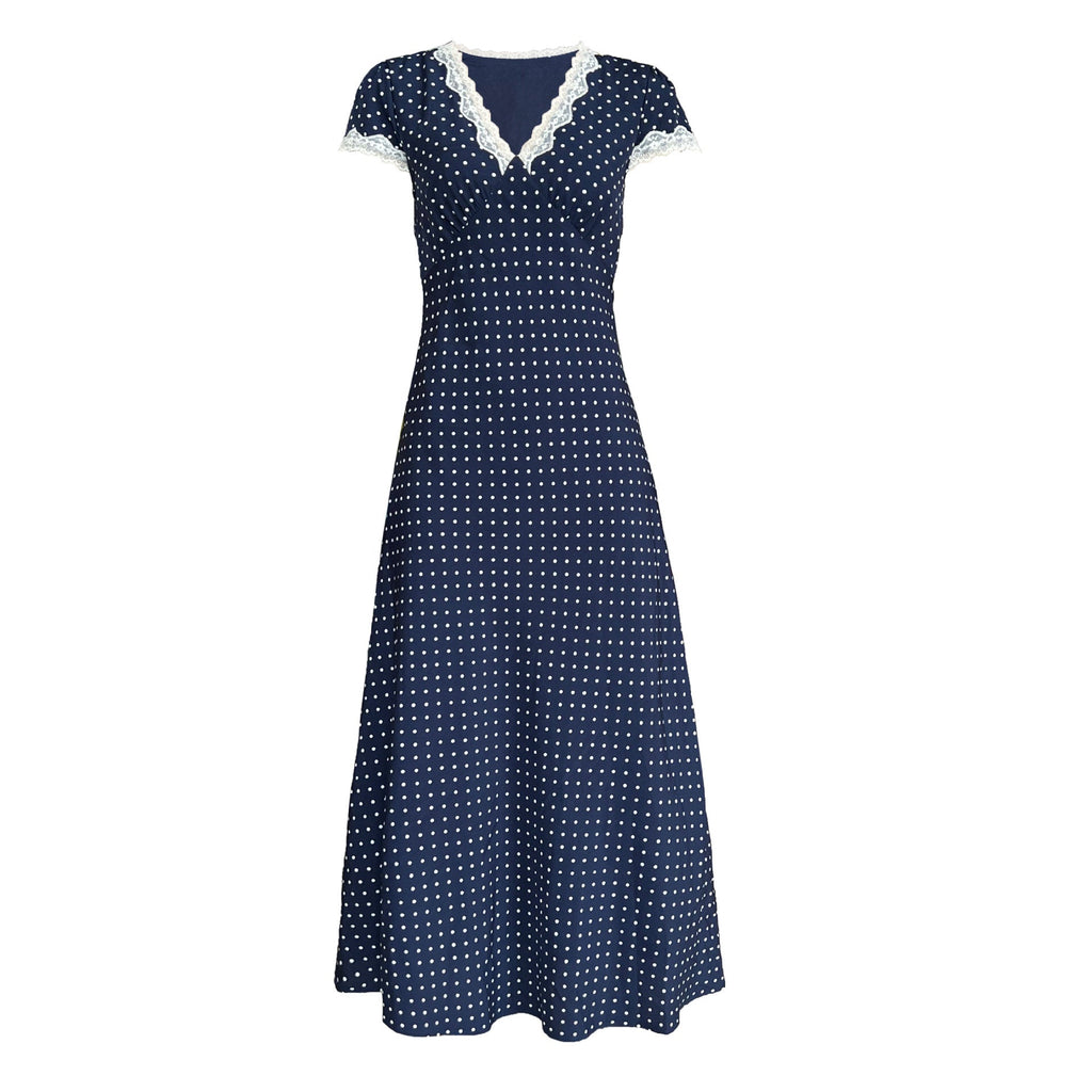 French lace splicing dress summer V-neck temperament polka dot waist slim skirt