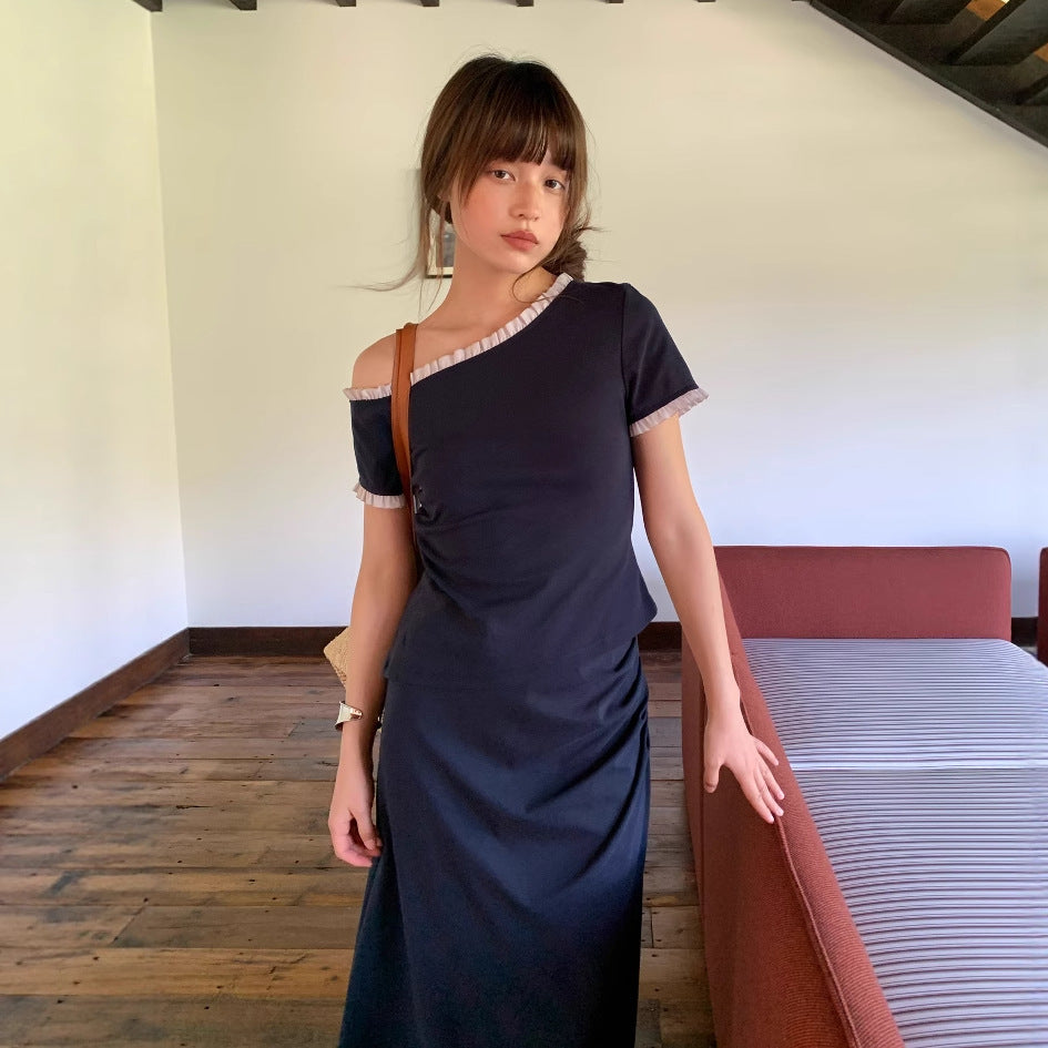 Pleated Skirt Slash Shoulder T-Shirt Two-piece Set