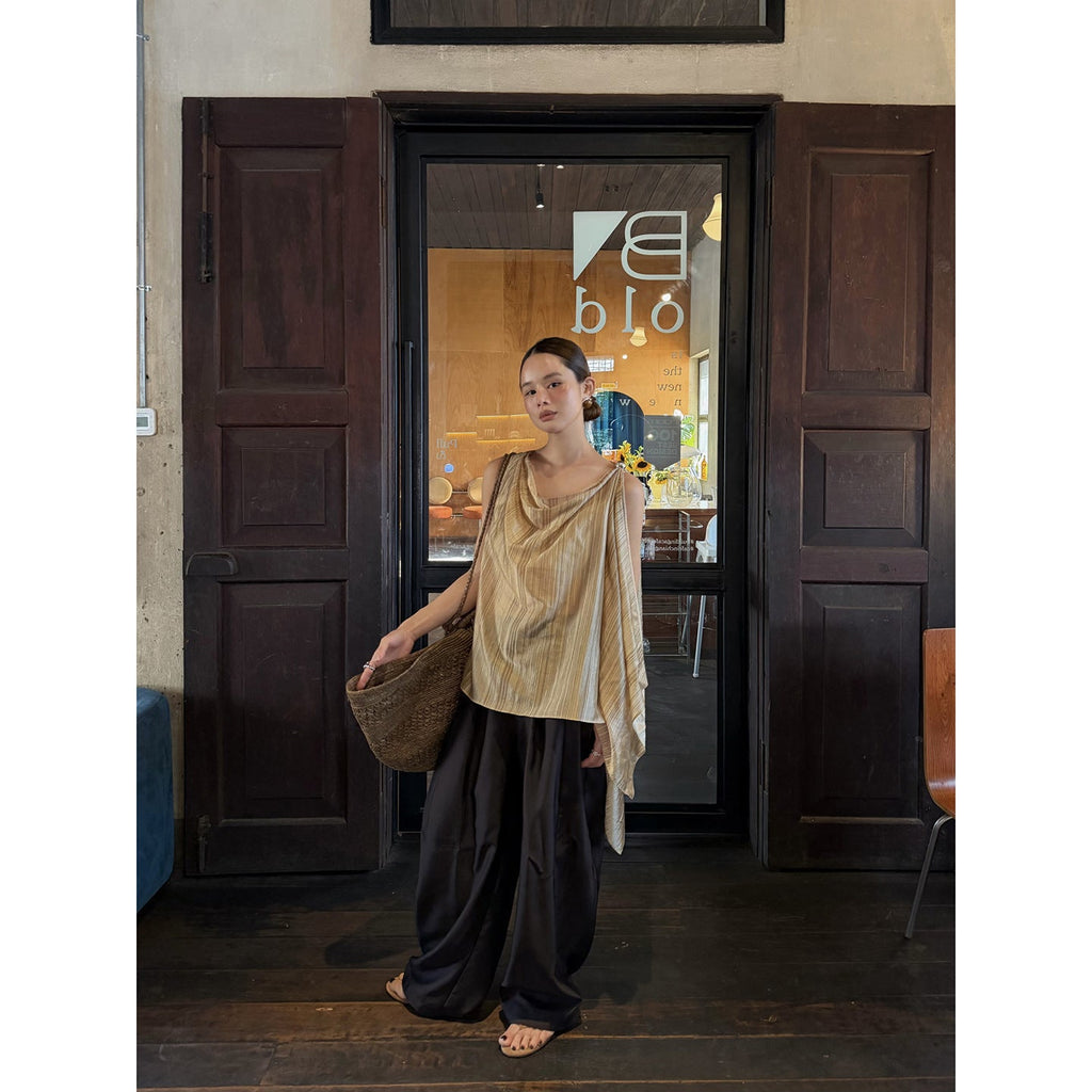 Spring and summer French style foreign style niche fold loose swing neck sleeveless sling
