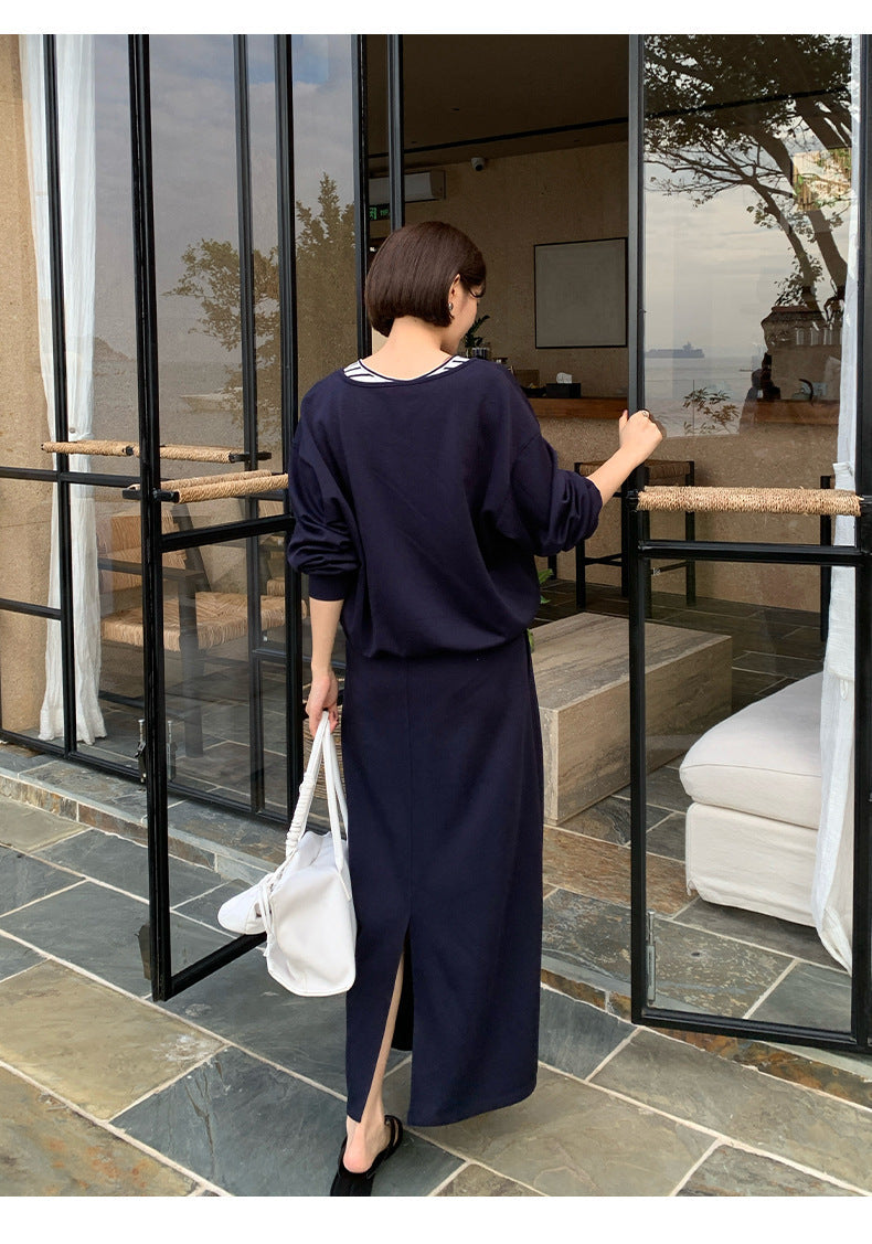 Fake two-piece sweater + drawstring elastic skirt