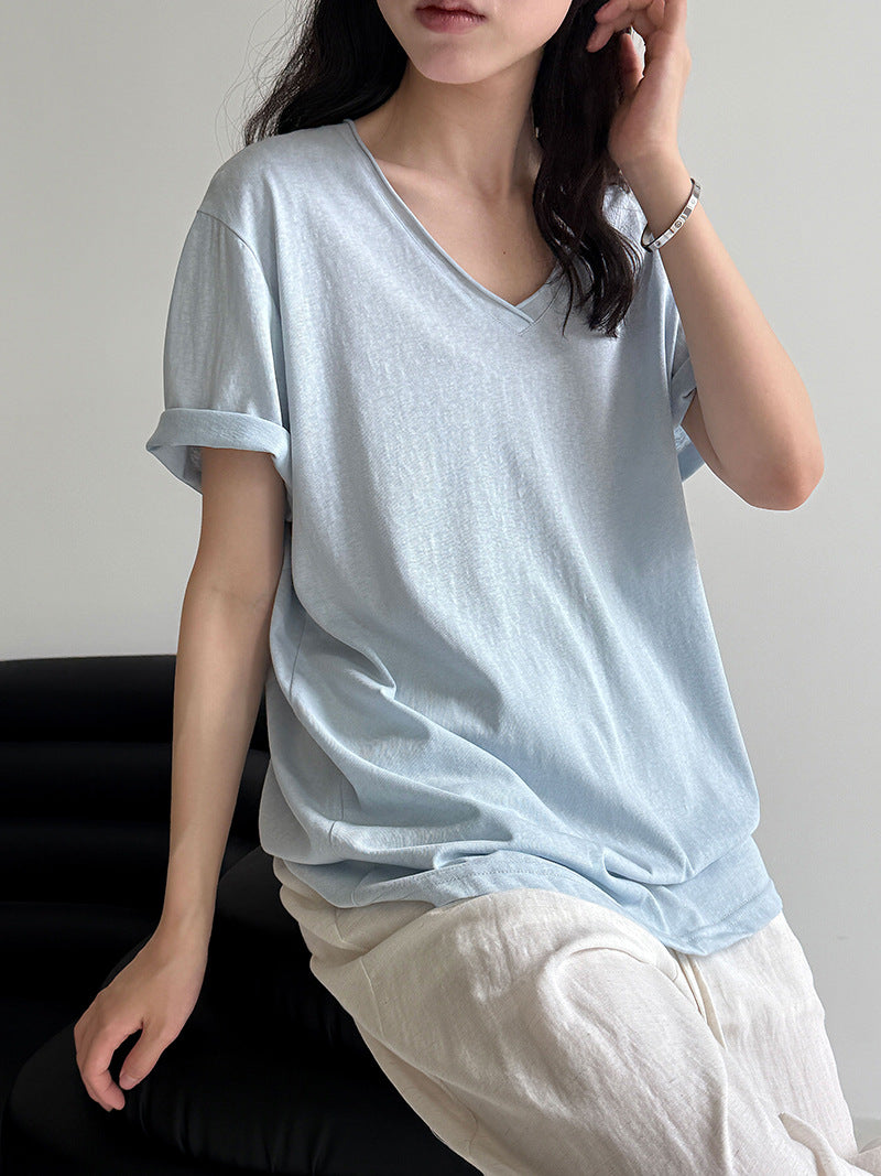 Relaxed fit snowflake texture rolled hem v-neck short sleeve women's summer new loose basic t-shirt top