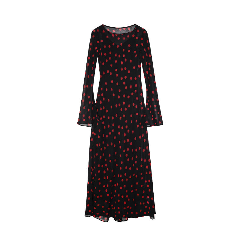 Early Spring Vacation Retro Waist Long Sleeve Polka Dot Mesh Double Layer Dress