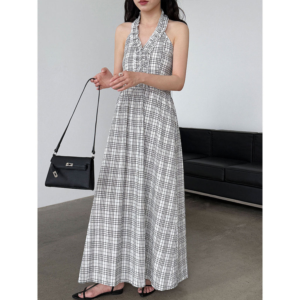 Korean plaid neck lace backless dress summer vacation style waist thin dress